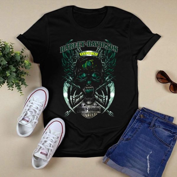 HD Oregon Ducks Skull Wings Motor Cycles T Shirt 1