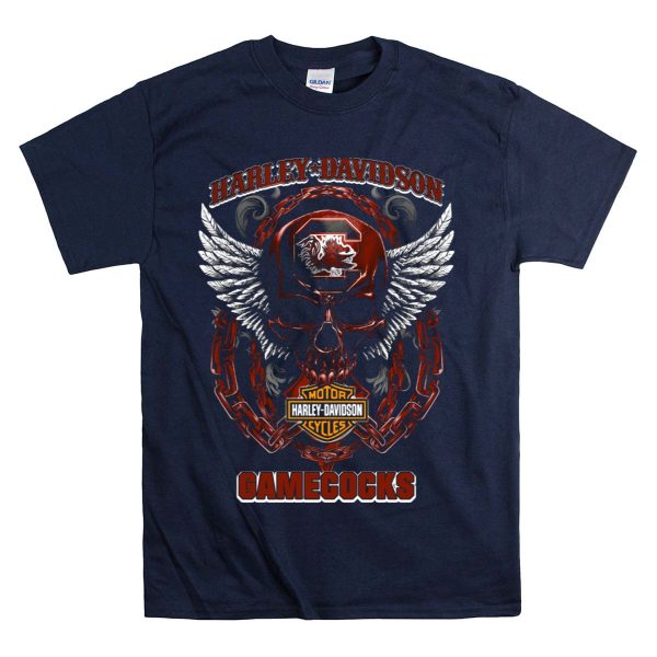 HD South Carolina Gamecocks Motorcycles Skull Wings Chains T Shirt 1 Navy