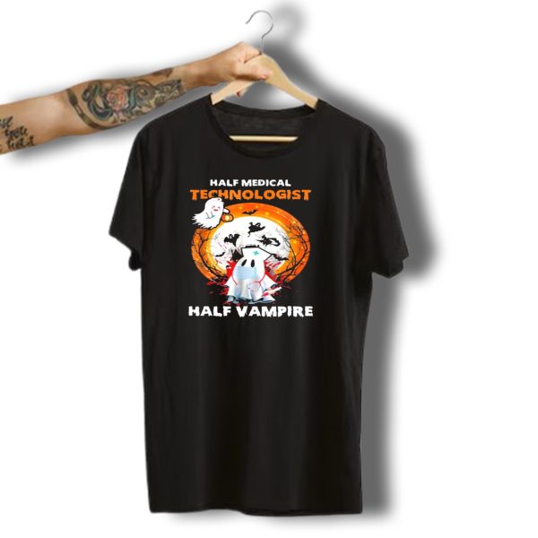 Half Medical Technologist Half Vampire Ghost Nurse Halloween Moon Bats T Shirt t shirt 1