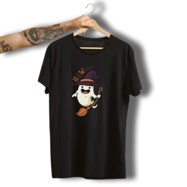 Hallo Witches Halloween Day Ghost With Witch Hat And Broomstick T Shirt t shirt 1