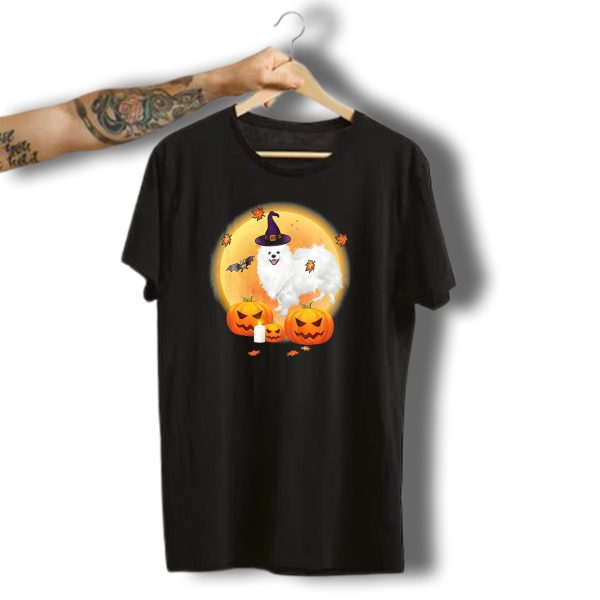 Halloween American Eskimo Dog With Pumpkins And Witch Hat T Shirt t shirt 1
