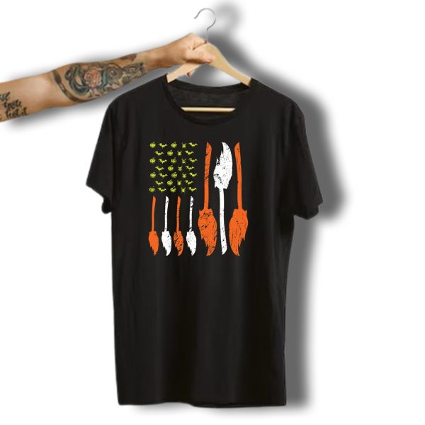 Halloween American Flag Witches Brooms Bats Pumpkins T Shirt t shirt 1