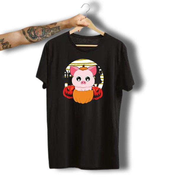 Halloween Animals Cute Pig Pumpkin Jack O Lanterns Silhouette Background T Shirt t shirt 1