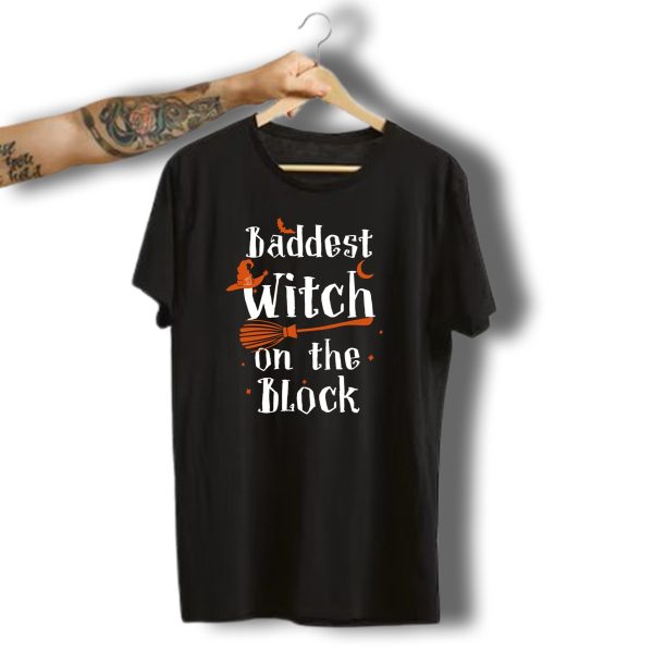 Halloween Baddest Witch On The Block With Hat Broom Bat And Moon T Shirt 1 t shirt 1