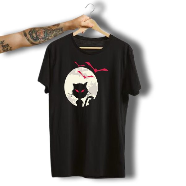 Halloween Bat Cat Silhouette With Red Bats And Moon T Shirt t shirt 1