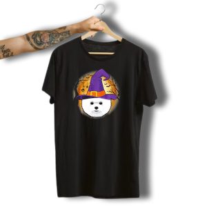 Halloween Bichon Frise In Witch Hat With Moon And Bats T-Shirt