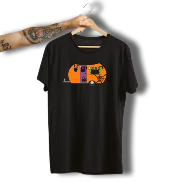 Halloween Black Cat Camper With Bunting And Spider Web T Shirt t shirt 1