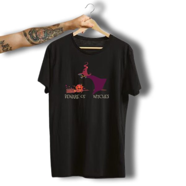 Halloween Black Cat Funny Beware Of Witches Broomstick Pumpkin Hat T Shirt t shirt 1 2
