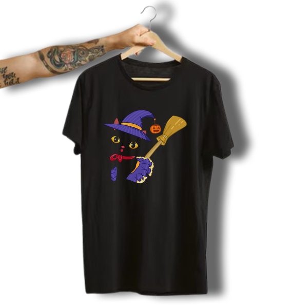 Halloween Black Cat In Witch Hat With Broom And Pumpkin Charm T Shirt t shirt 1