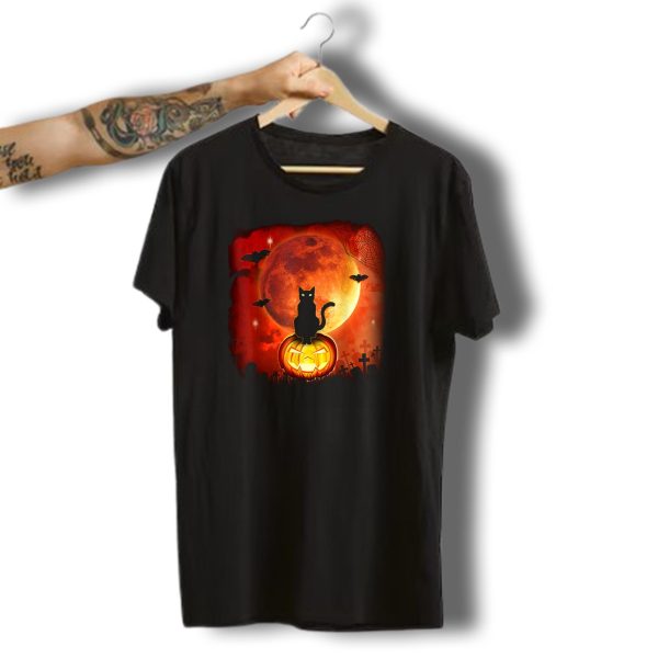 Halloween Black Cat On Jack O Lantern With Full Moon And Bats For Adults T Shirt t shirt 1