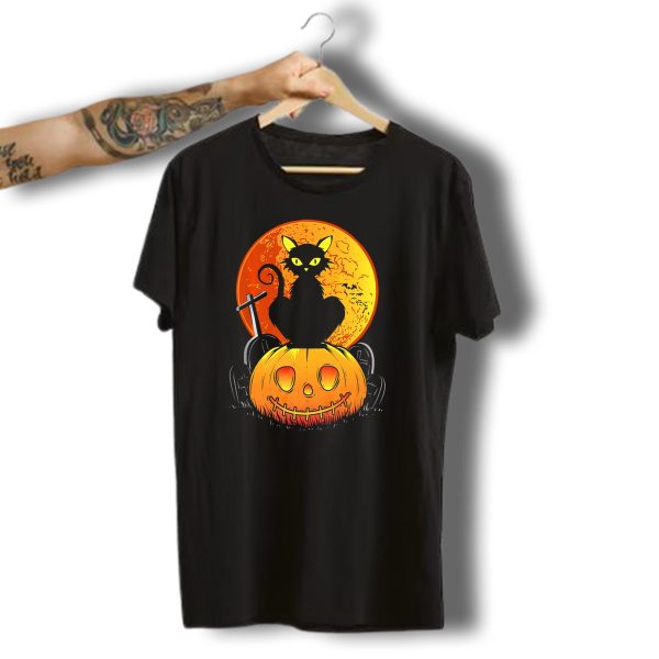 Halloween Black Cat On Pumpkin With Full Moon And Graveyard T Shirt t shirt 1 1