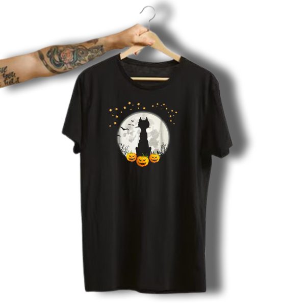 Halloween Black Cat Silhouette With Bats And Pumpkins In Full Moon Night T Shirt t shirt 1