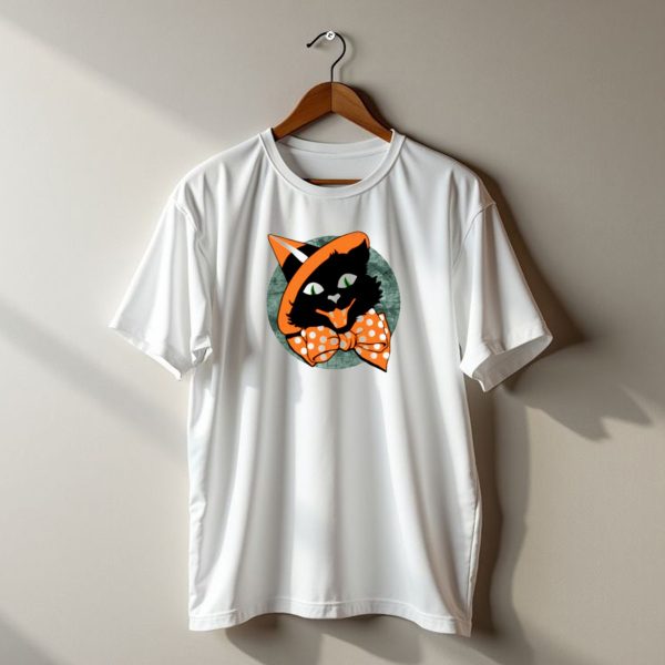 Halloween Black Cat Vintage Witch Hat Polka Dot Bow Tie T Shirt t shirt 1
