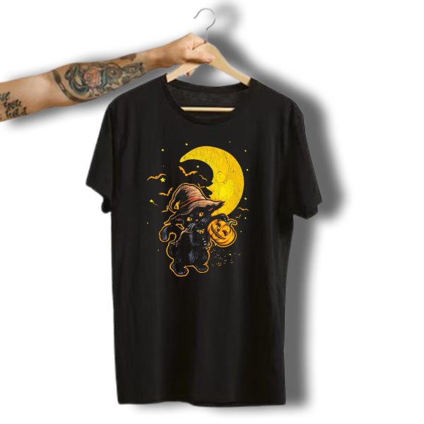 Halloween Black Cat Witch With Pumpkin Under Moon And Bats T Shirt t shirt 1 1