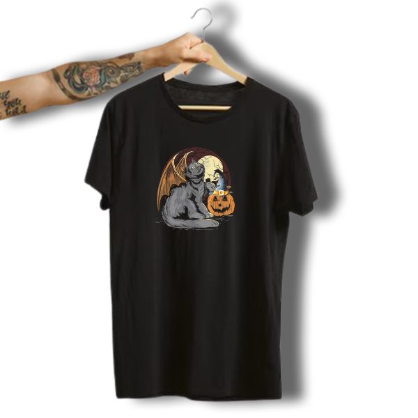 Halloween Black Cat With Bat Wings And Pumpkin Haunted Night T Shirt t shirt 1 1