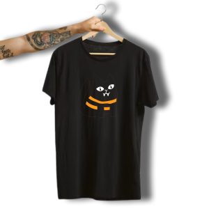 Halloween Black Cat With Orange Stripes And Fangs T-Shirt
