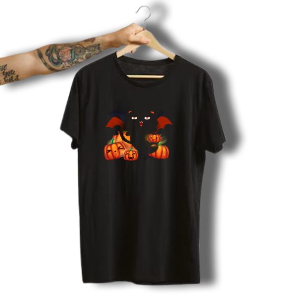 Halloween Black Cat With Pumpkins And Bats T Shirt t shirt 1 1