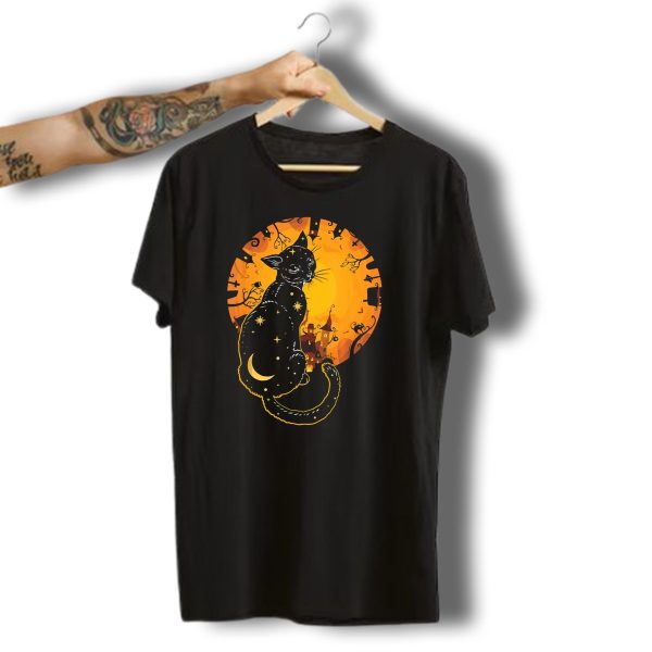 Halloween Black Cat With Stars And Moon In Haunted Landscape T Shirt t shirt 1