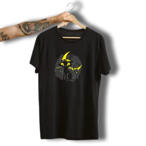 Halloween Black Cat With Witch Hat And Crescent Moon Kitt Kitty Face T-Shirt