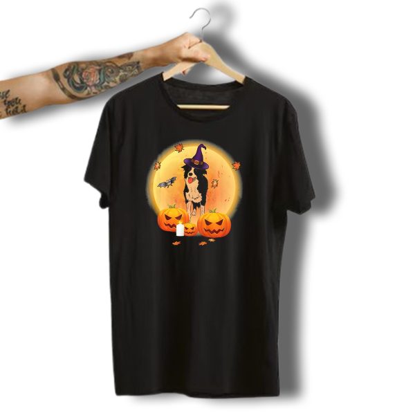 Halloween Border Collie Witch Hat Pumpkin Moon Bat Leaves T Shirt t shirt 1