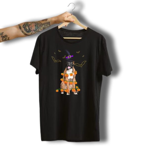 Halloween Boxer Dog Pumpkin Lights Witch Hat Fun T Shirt t shirt 1