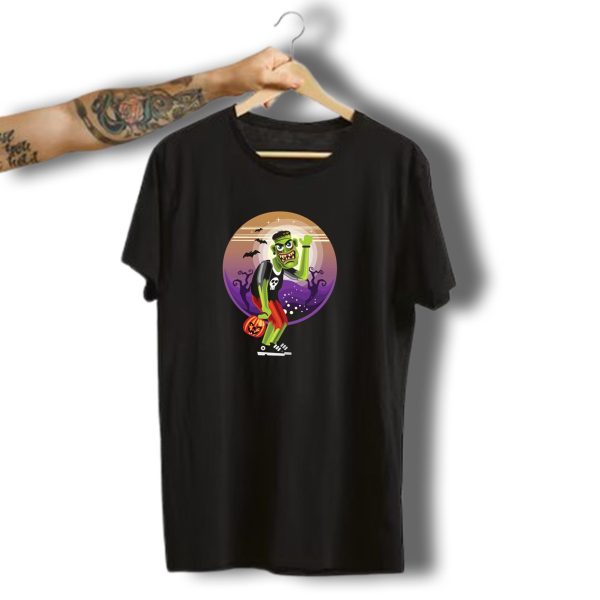 Halloween Boy Zombie Skateboarding With Pumpkin And Bats T Shirt t shirt 1