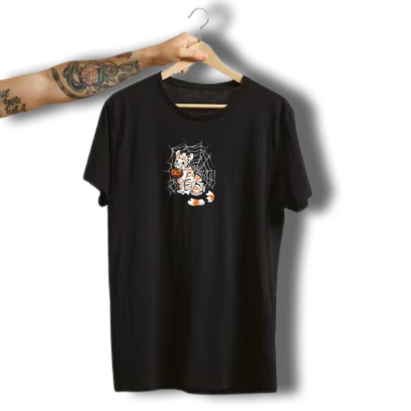 Halloween Candy Tiger With Pumpkin In Spider Web T Shirt t shirt 1