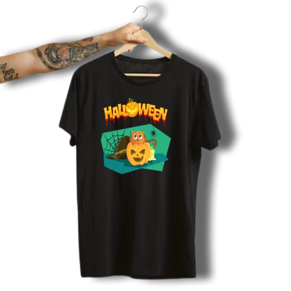 Halloween Cat Inside Pumpkin With Witch Hat And Candle T Shirt t shirt 1