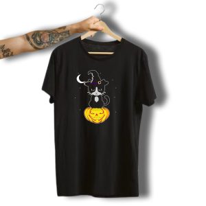 Halloween Cat Wearing Witch Hat Sitting On Jack O Lantern Under Crescent Moon T-Shirt
