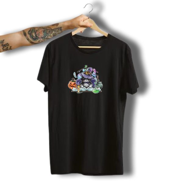Halloween Cat Witch Potion Book With Pumpkin And Wand T Shirt t shirt 1