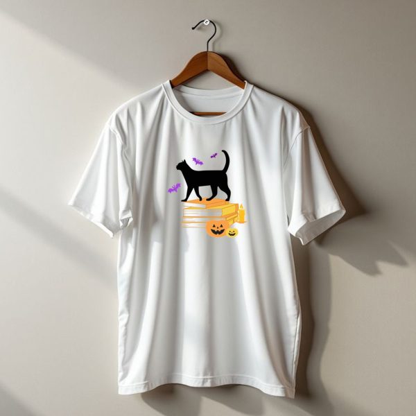 Halloween Cat With Books And Pumpkins T Shirt t shirt 1