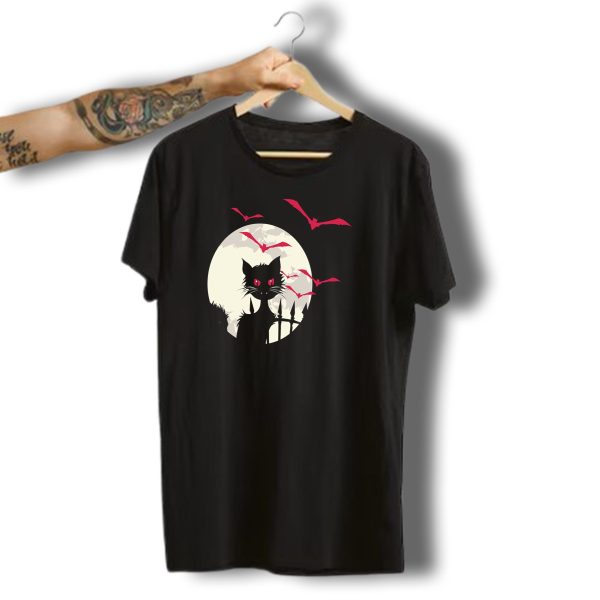 Halloween Cat With Red Eyed Bats In Full Moon T Shirt t shirt 1