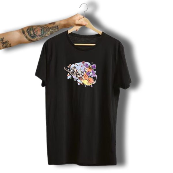 Halloween Cats On Broomstick With Witch Hat And Candy T Shirt t shirt 1