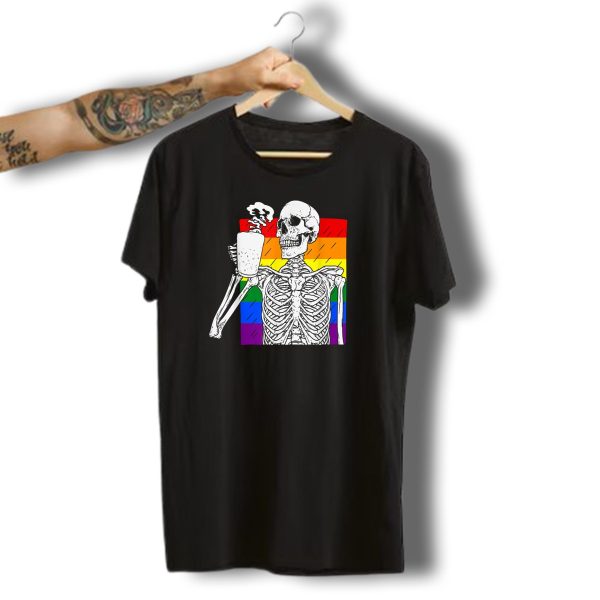 Halloween Coffee Drinking Skeleton Skull Rainbow Pride Awareness T Shirt 1 t shirt 1