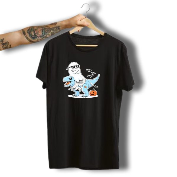 Halloween Cool Ghost Riding Zombie Dinosaur With Pumpkin And Bats T Shirt t shirt 1