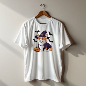 Halloween Corgi In Witch Hat With Pumpkins And Bats T-Shirt