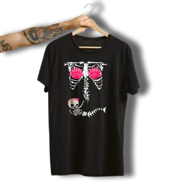Halloween Cute Pregnant Mermaid Skeleton With Pink Shells And Bow T Shirt 1 t shirt 1