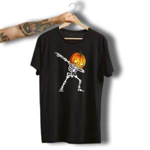 Halloween Dabbing Skeleton With Pumpkin Head T-Shirt