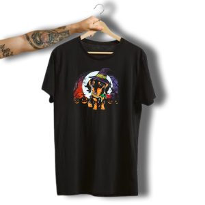 Halloween Dachshund Puppy Witch Hat Pumpkins Moon Scene T-Shirt