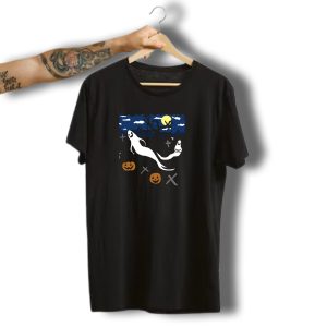 Halloween Day Ghosts In Spooky Graveyard With Pumpkins And Full Moon T-Shirt