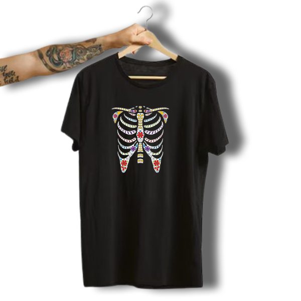Halloween Day Of Dead Skeleton Ribcage Floral Decoration T Shirt 1 t shirt 1