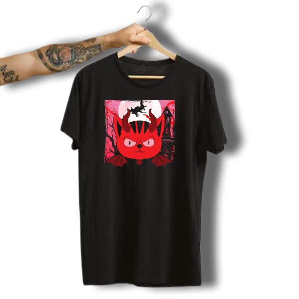 Halloween Devil Cat In Haunted House Scene With Moon And Bats T Shirt t shirt 1