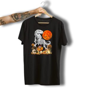 Halloween Dinosaur Rex Skeleton With Pumpkin And Full Moon T-Shirt