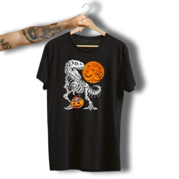 Halloween Dinosaur Skeleton T Rex With Pumpkin And Full Moon Bats T Shirt t shirt 1