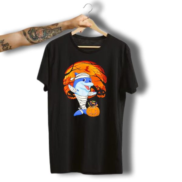 Halloween Dolphin Mummy With Candy Pumpkin And Witch Full Moon T Shirt t shirt 1