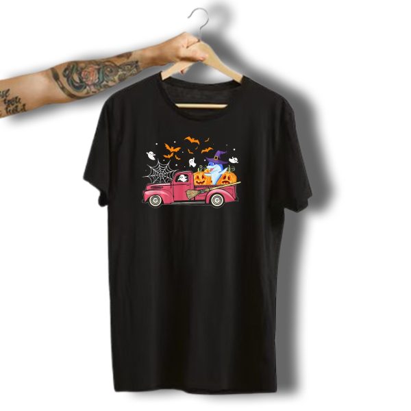Halloween Dolphin Witch And Pumpkins On Vintage Red Truck With Ghosts And Bats T Shirt t shirt 1