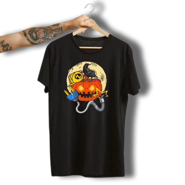 Halloween Electrician Pumpkin With Raven And Electric Plug Moon T Shirt t shirt 1