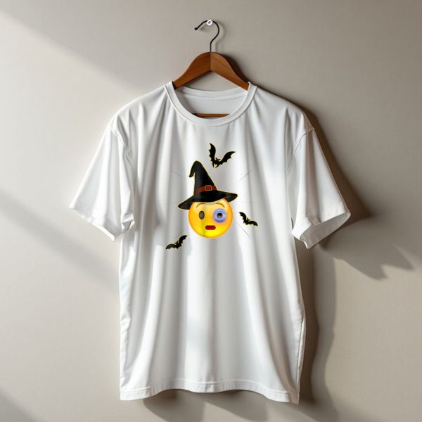 Halloween Emoji Witch Hat Flushed Face With Bats And Spider Web T Shirt t shirt 1