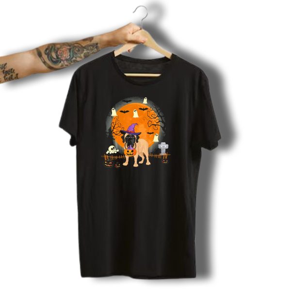 Halloween English Mastiff Witch With Pumpkins And Ghosts T Shirt t shirt 1 1
