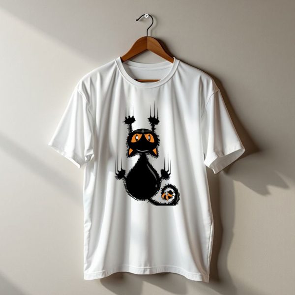 Halloween Funny Black Cat Clawing With Orange Ears And Whiskers T Shirt t shirt 1 1
